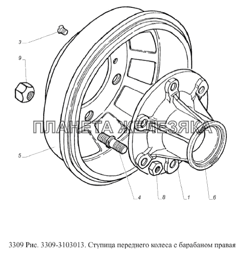 Ступица переднего колеса с барабаном правая. ГАЗ-3309 (Евро 2)